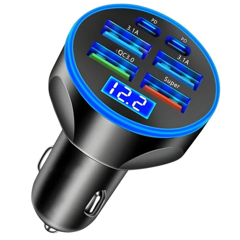 شارژر فندکی 66W شش پورت به همراه کابل دو پورت PD و  چهار پورت USB