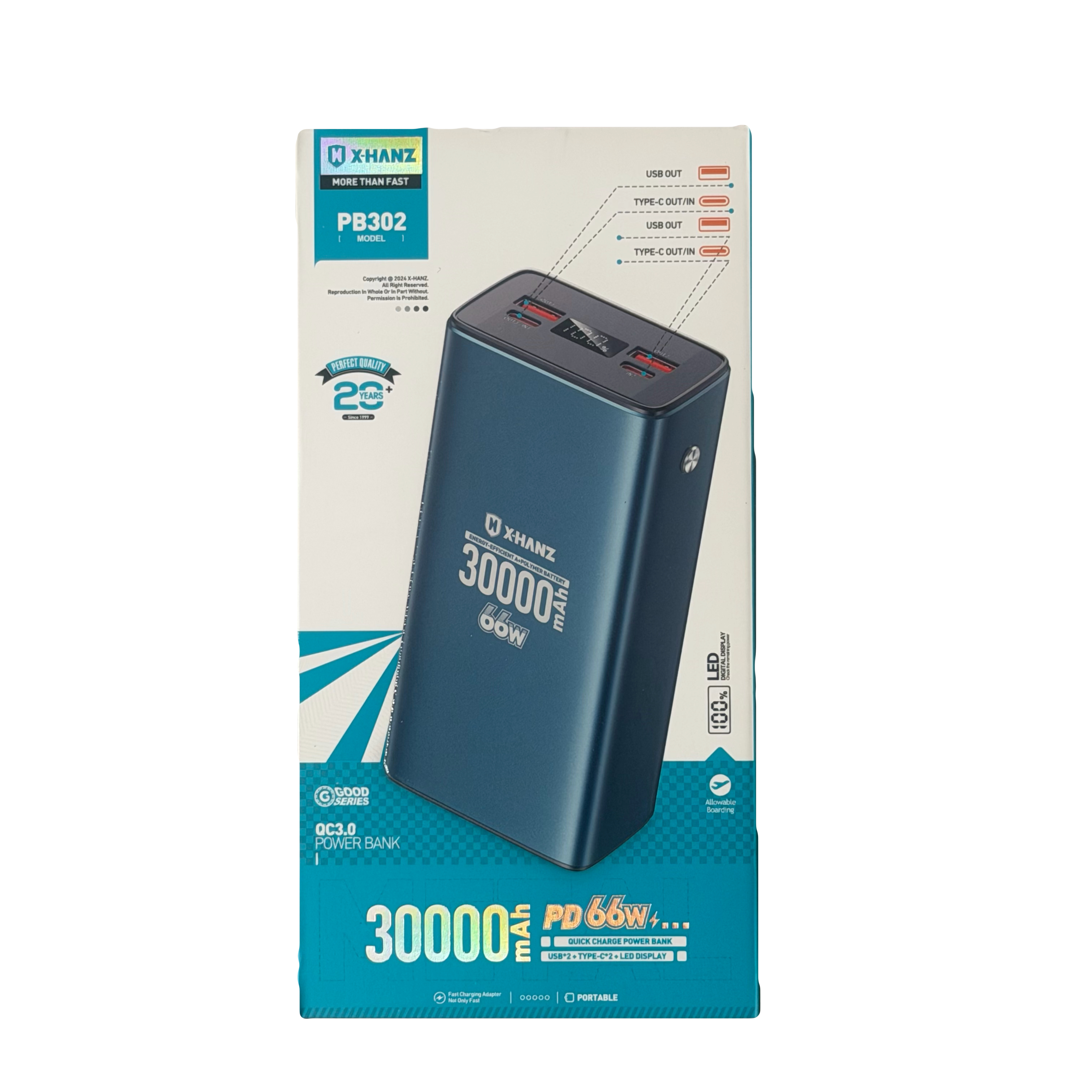 پاوربانک برند XHANZ فست شارژر 66 وات ظرفیت 30000 مدل  PB302